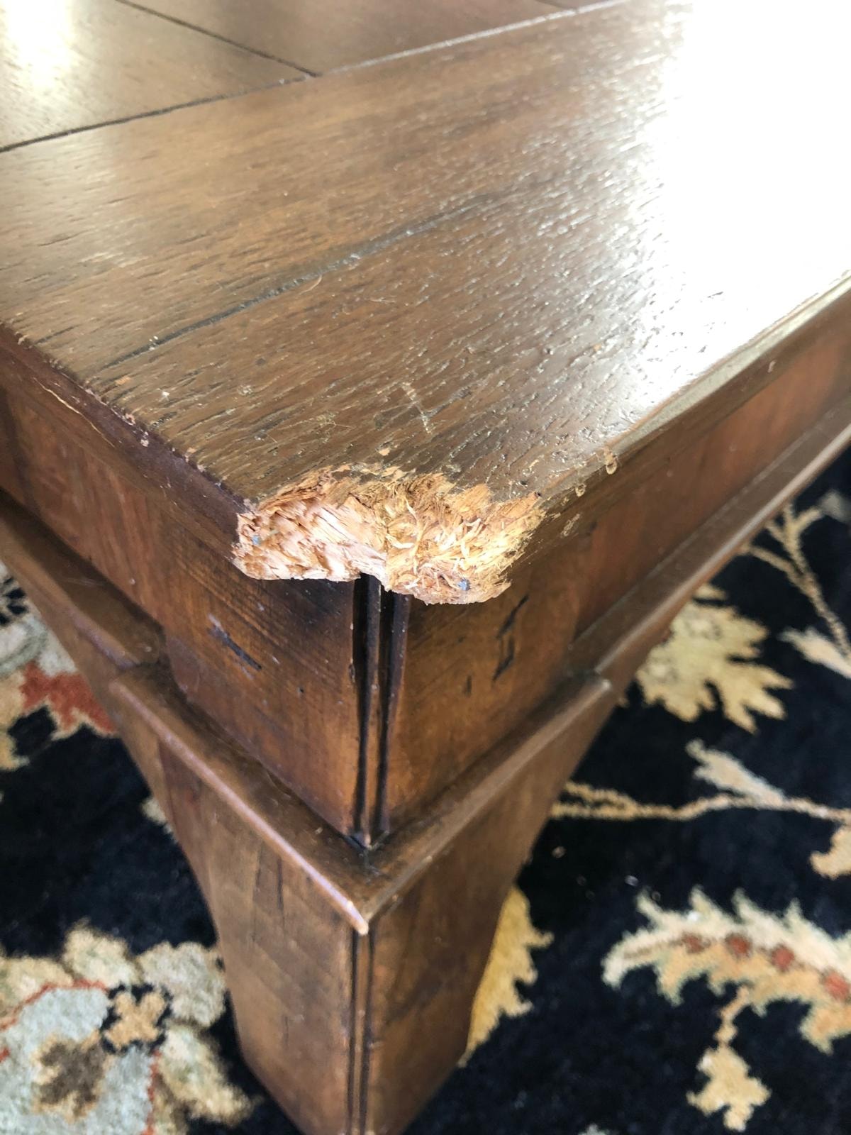 Coffee Table Corner Repair — before repair